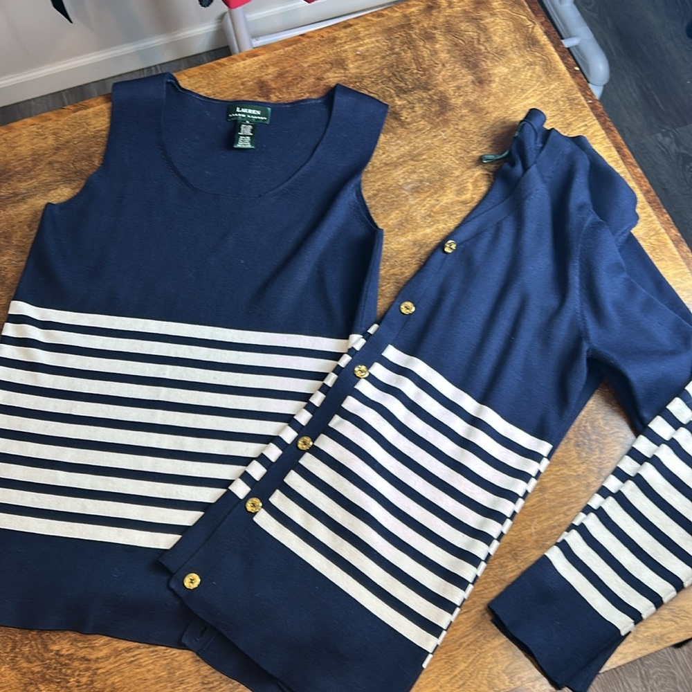 Lauren Ralph Lauren‎ Blue and White Button Down Tank Top with Cardigan